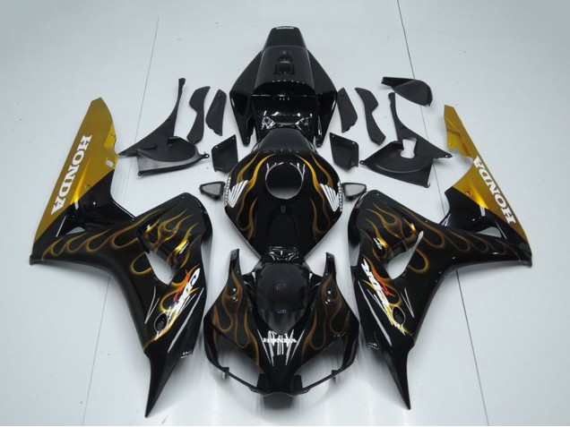 2006-2007 Honda CBR1000RR Motorcycle Fairing - Glossy Black Gold Flame Canada
