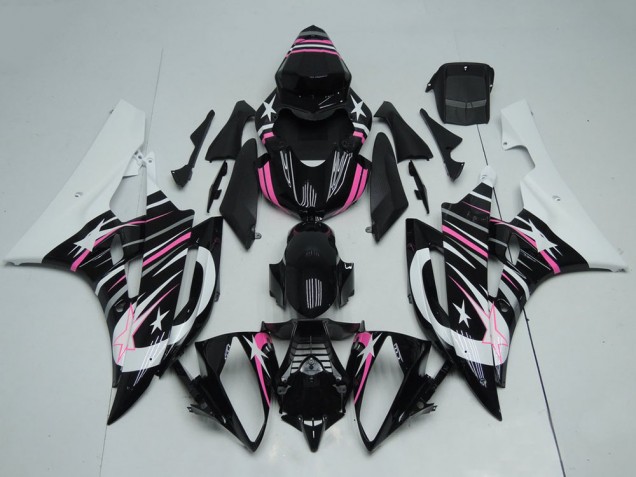 2006-2007 Yamaha YZF R6 Motorcycle Fairings - White Glossy Black Pink Star Flame Canada