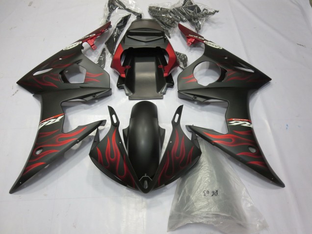 2003-2004 Yamaha R6 Motorcycle Fairings - Matte Black Red Flame Canada