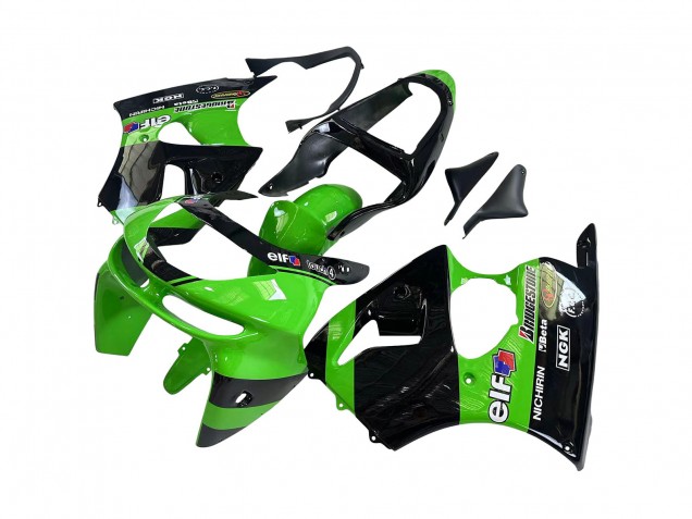 1998-1999 Kawasaki ZX6R Motorcycle Fairings - Green Glossy Black Elf Bridgestone Canada