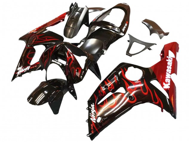 2003-2004 Kawasaki ZX6R Motorcycle Fairings - Glossy Black Red Flame Canada