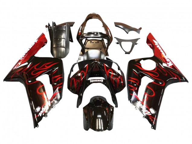 2003-2004 Kawasaki ZX6R Motorcycle Fairings - Glossy Black Red Flame Canada