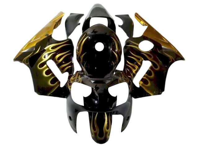 2000-2001 Kawasaki ZX12R Motorcycle Fairings - Glossy Black Gold Flame Canada