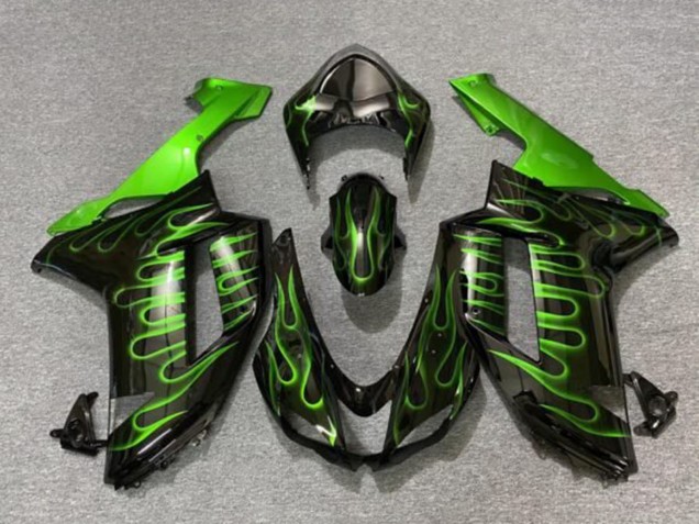 2007-2008 Kawasaki ZX6R Motorcycle Fairings - Black Green Flame Canada