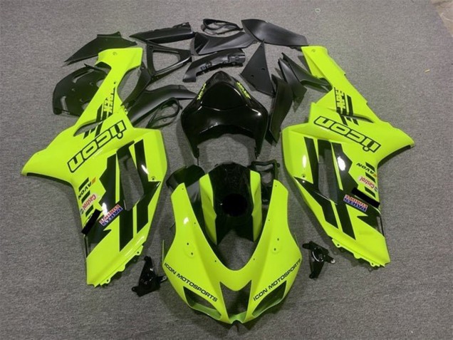 2007-2008 Kawasaki ZX6R Motorcycle Fairings - Neon Yellow Black Icon Canada